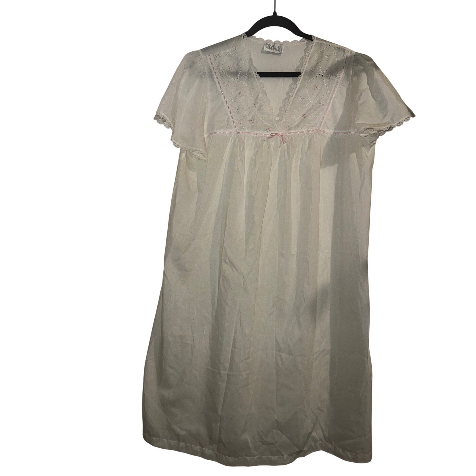 Vtg Character White Sheer Nightgown Floral Eyelet Lace Pink Ribbon Trim Cottage