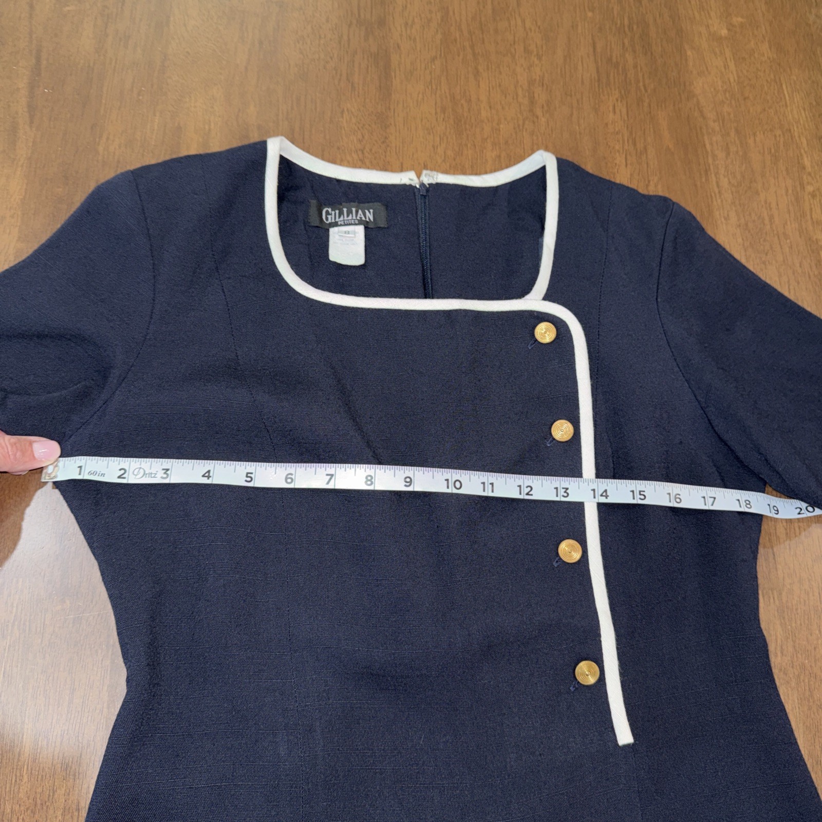 Vintage Navy Sheath Dress Petite 8 Union Made Gold Buttons White Trim Lined