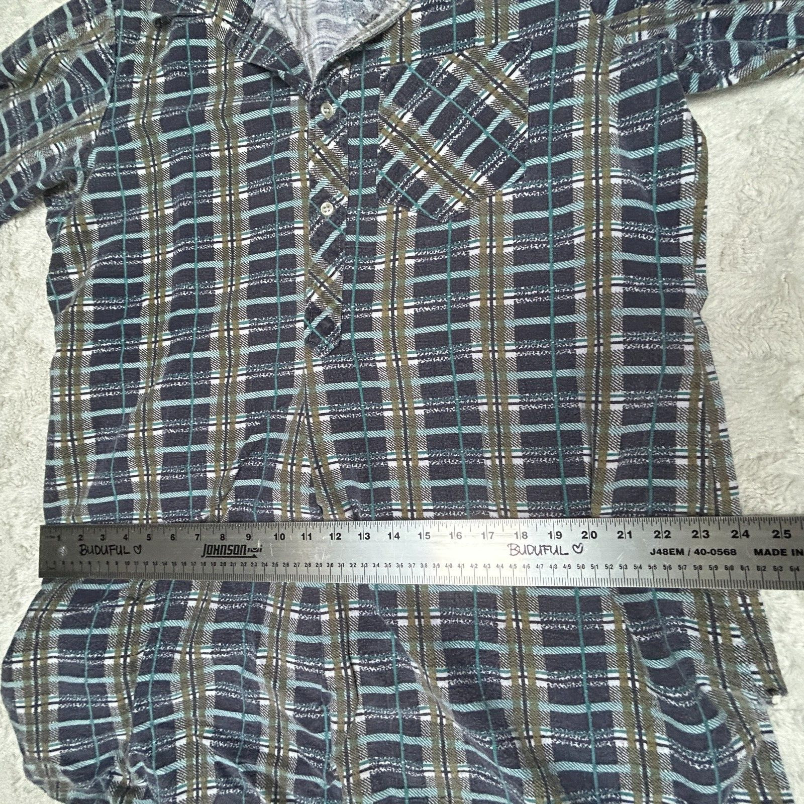 Women’s Vintage European Tunic Half Button Shirt Heavy Cotton Plaid Multicolor