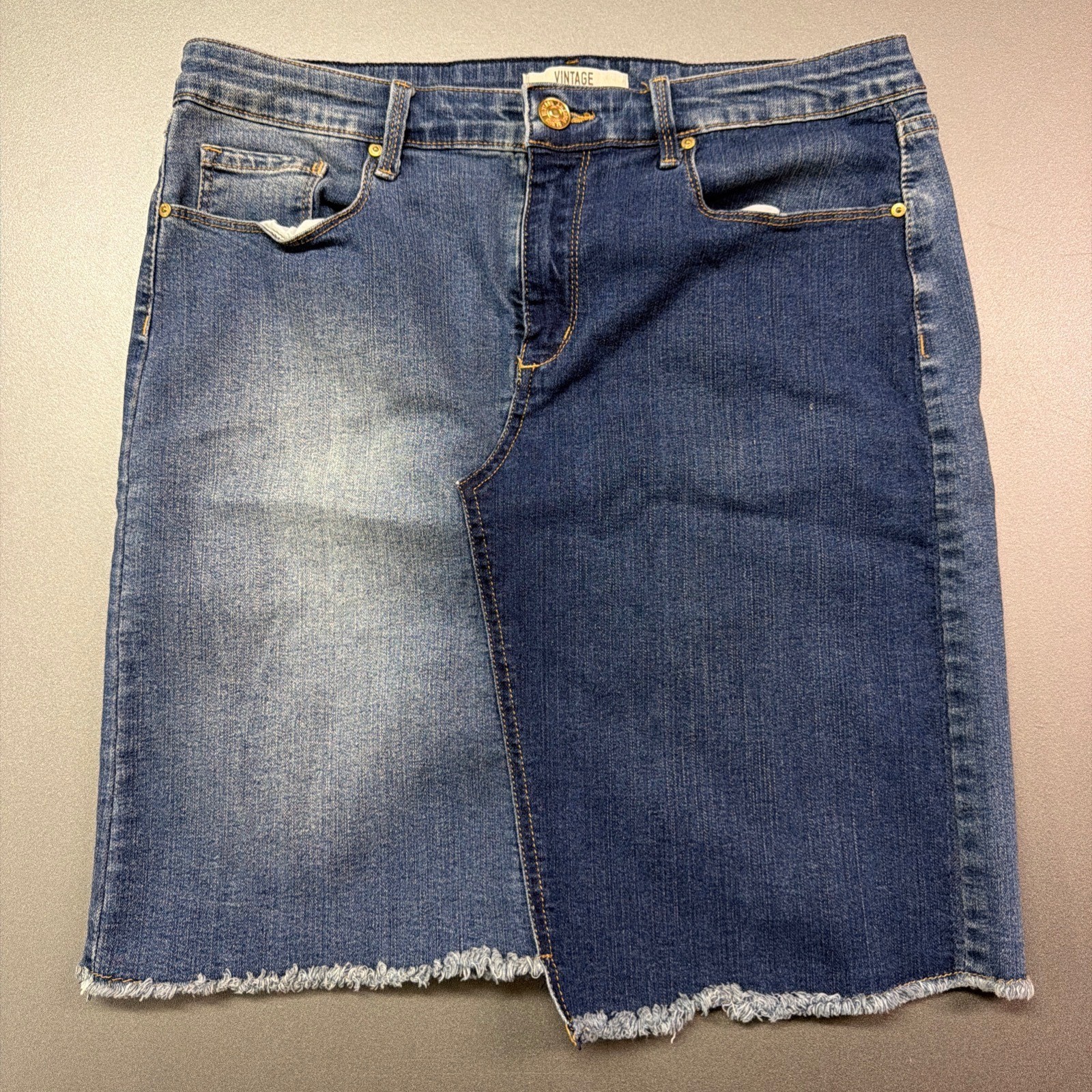 Vintage America Blues Wonderland Midi Denim Skirt Size 10 Blue Stretch FrayedHem