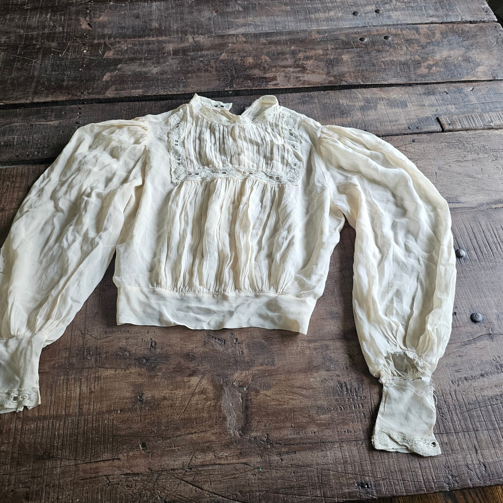 Antique Edwardian Pigeon Breast Blouse Lace Trim Bishop Sleeve Cream Top AS IS