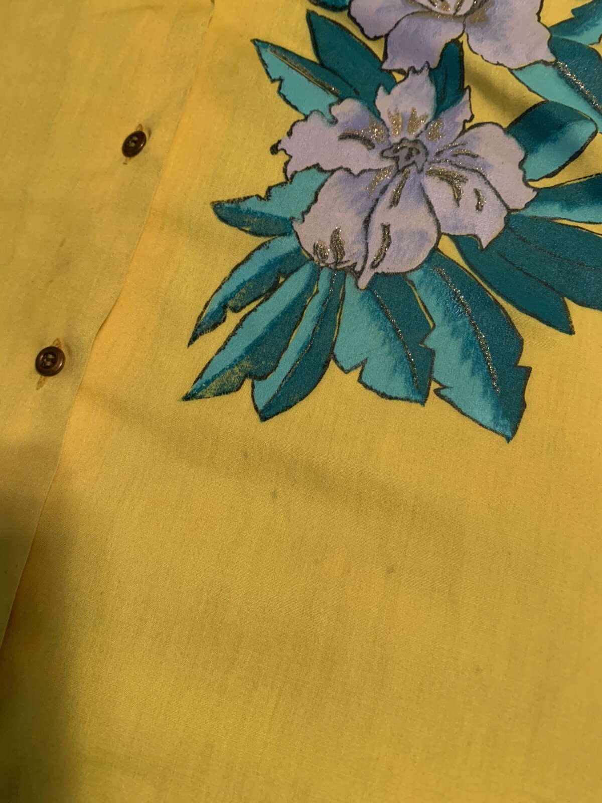Vintage 70s Yellow Hand Painted Flower Boho Hippie Button Shirt Top M