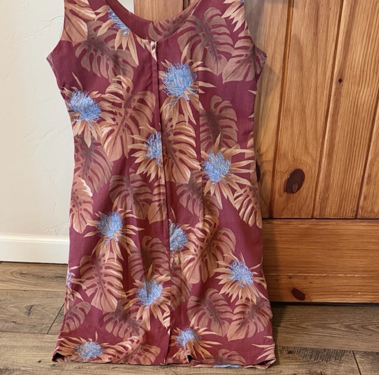 Reyn Spooner vintage Hawaiian Floral Dress S Burgundy Blue Cotton Polyester