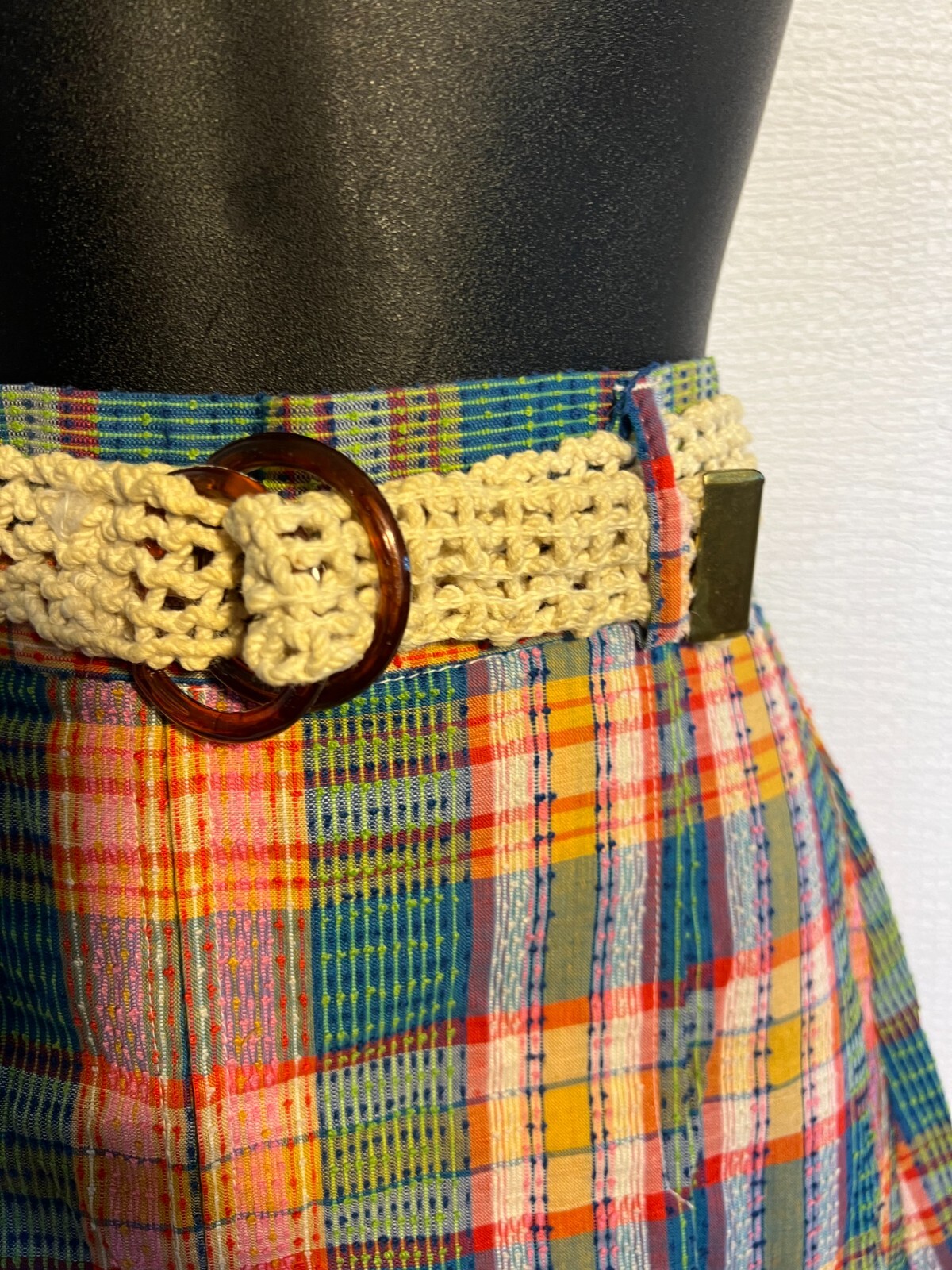 1970s Vtg 2pc Skirt Suit S Multicolored Nubby Plaid Short Sleeve Miss Pat w Belt