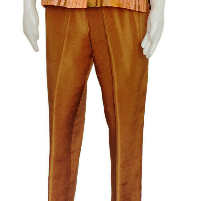 Retro Silk Blouse and Pant Set, Gold and Olive Green Print 2 Piece Size 6