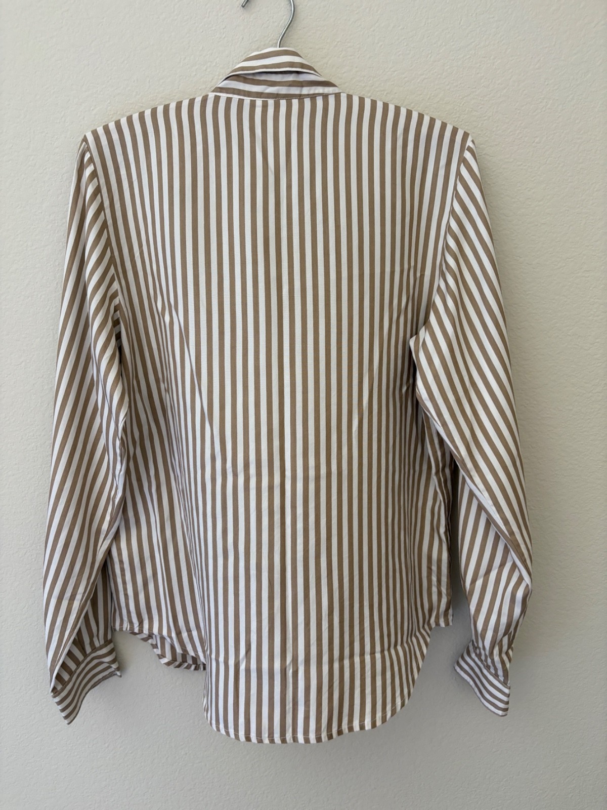 Vintage 1990s Silk Nude Striped Button Down Blouse M Sleek Minimalist Polished