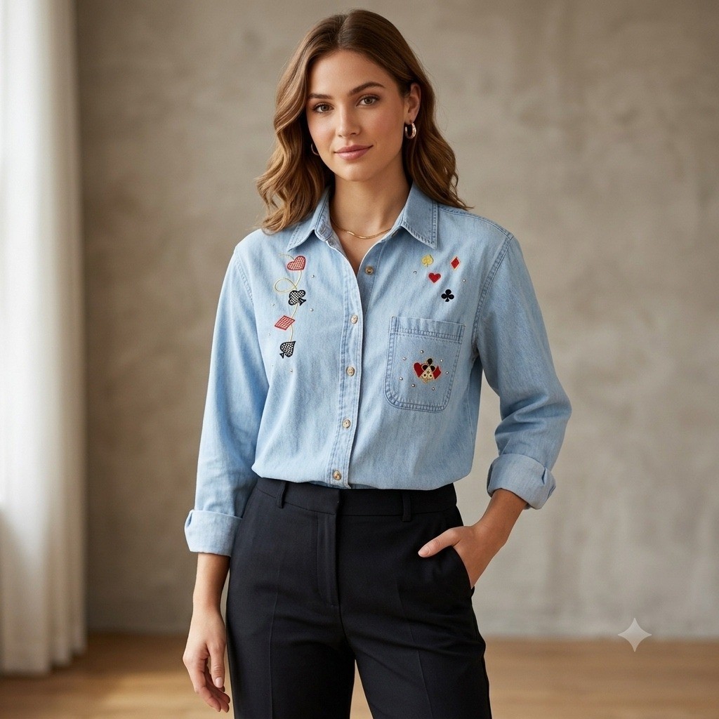 Vintage ⁠Las Olas Womens Size XL Denim Shirt Blue Embroidered Casino Card Dice