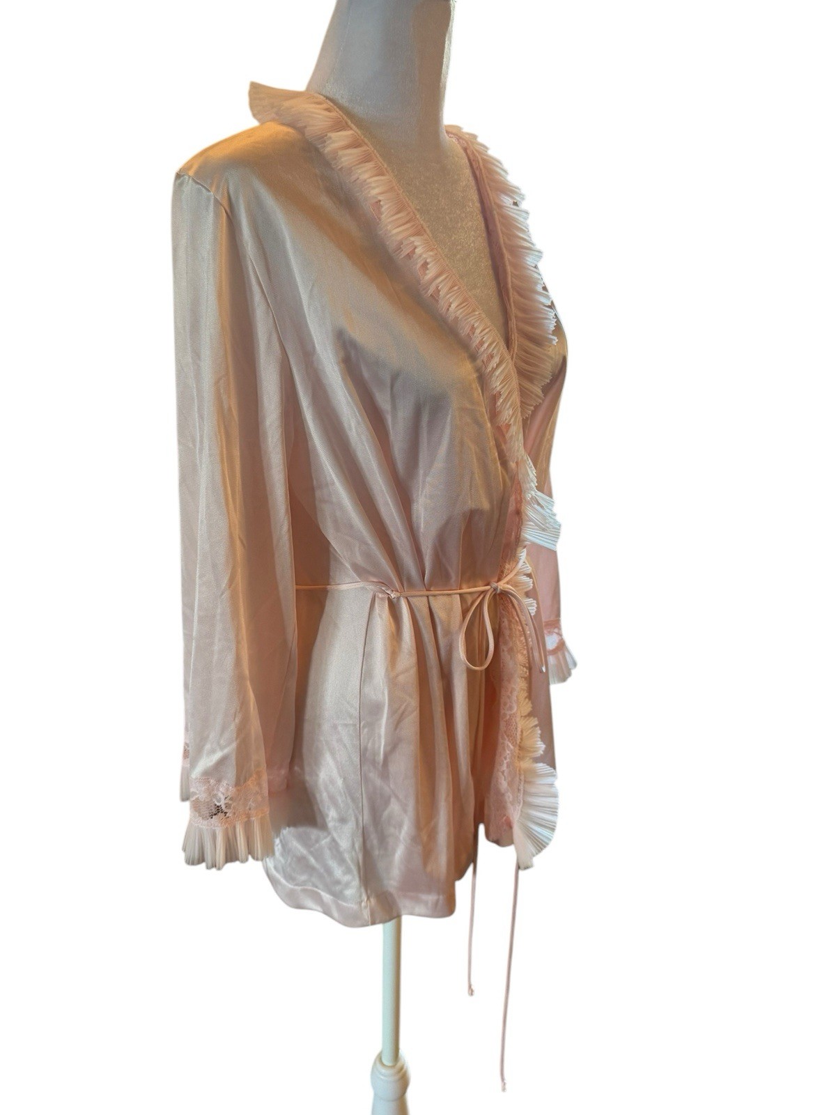 Vintage Jolie Two Pink Night Gown Top Short Robe Bed Jacket Ruffle Tie Nylon S