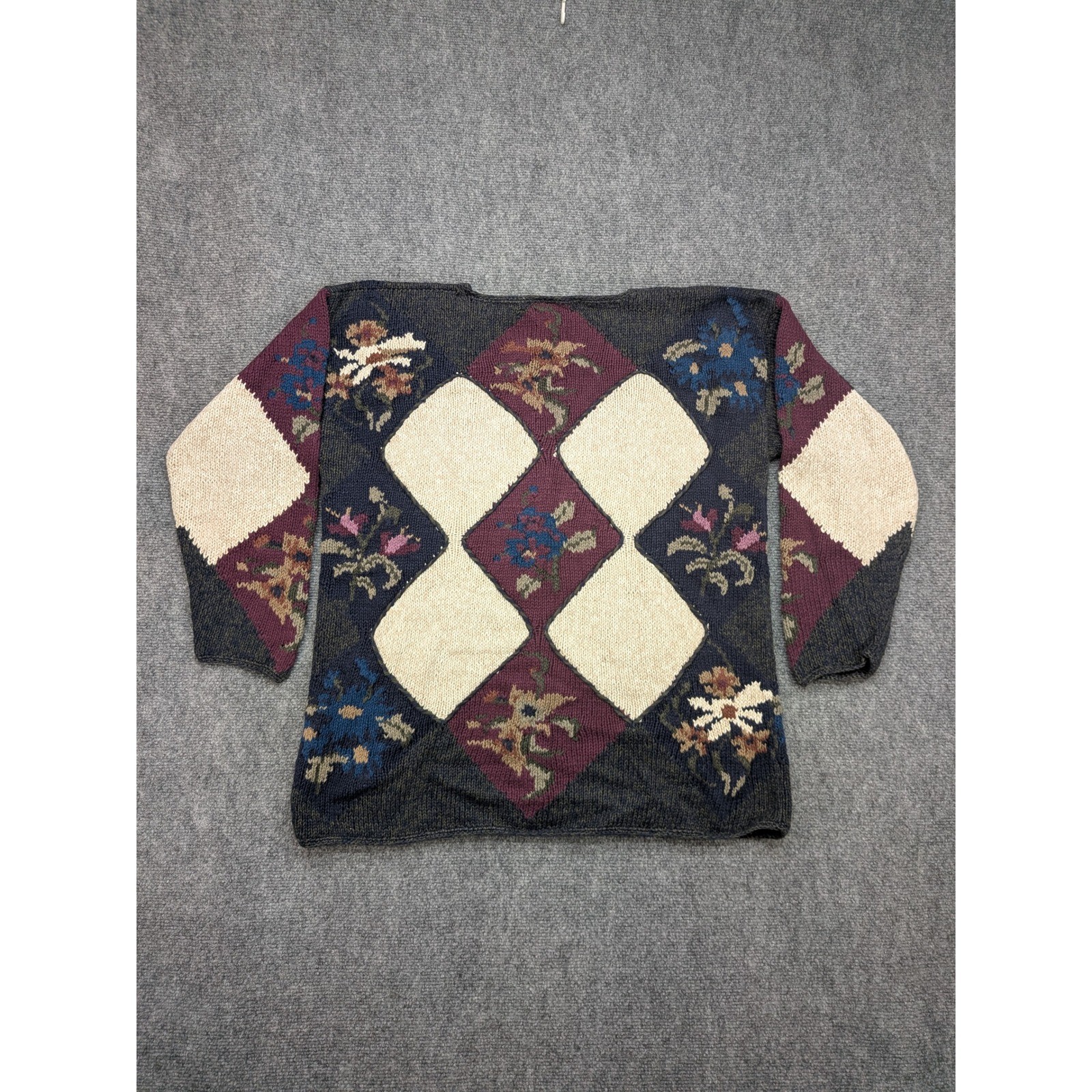 Vintage Paris Sport Club Sweater M Hand Knitted Floral Diamond Chunky Cottage
