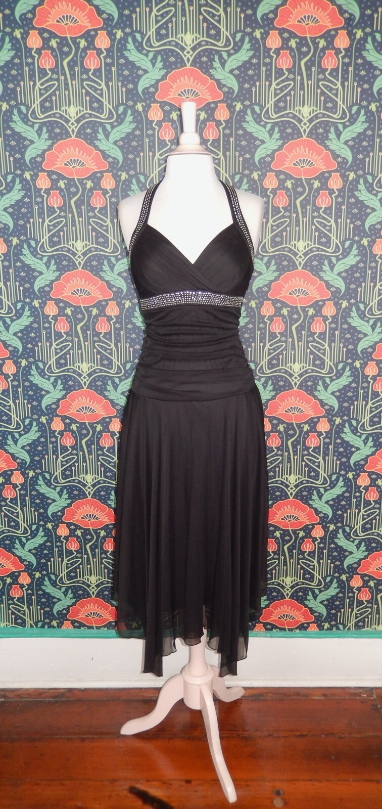 Vintage 90’s Y2K Black Whimsigoth Pointy Hem Halter Fairycore Mesh Party Dress
