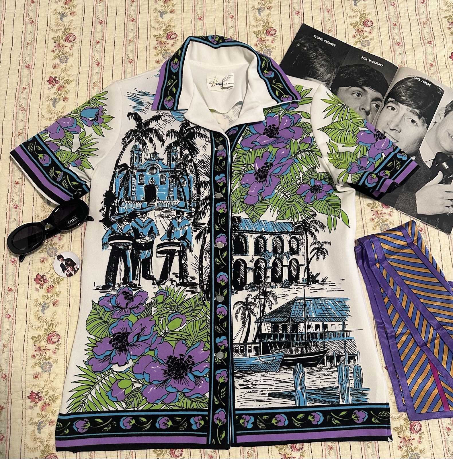 True Vintage 60s 70s Hamilton 8 Mexico Novelty Print Tropical Button Blouse S/M