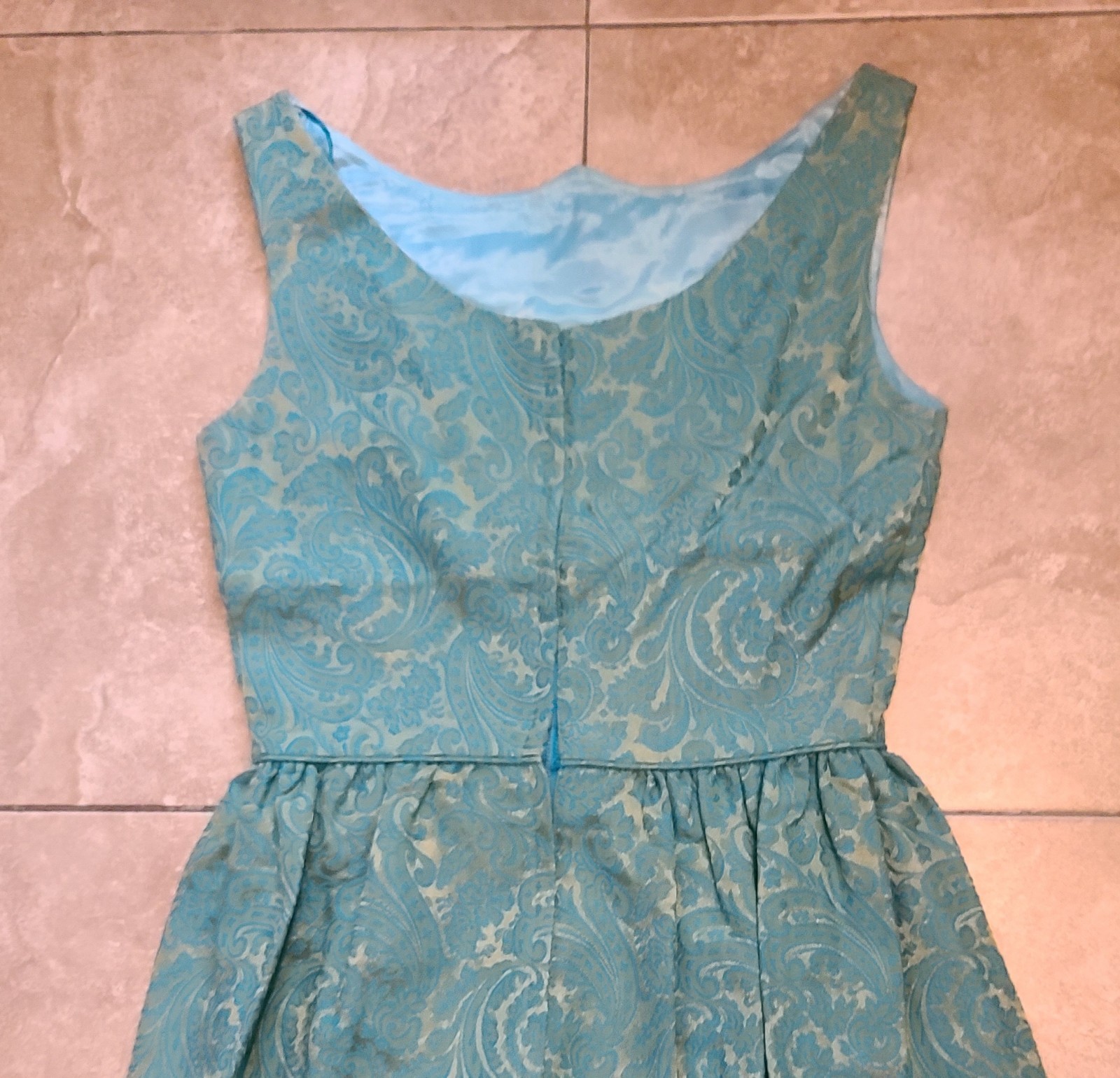 VTG 1960s Turquoise Blue & Gold Brocade Maxi Dress Women’s XS Bow Detail