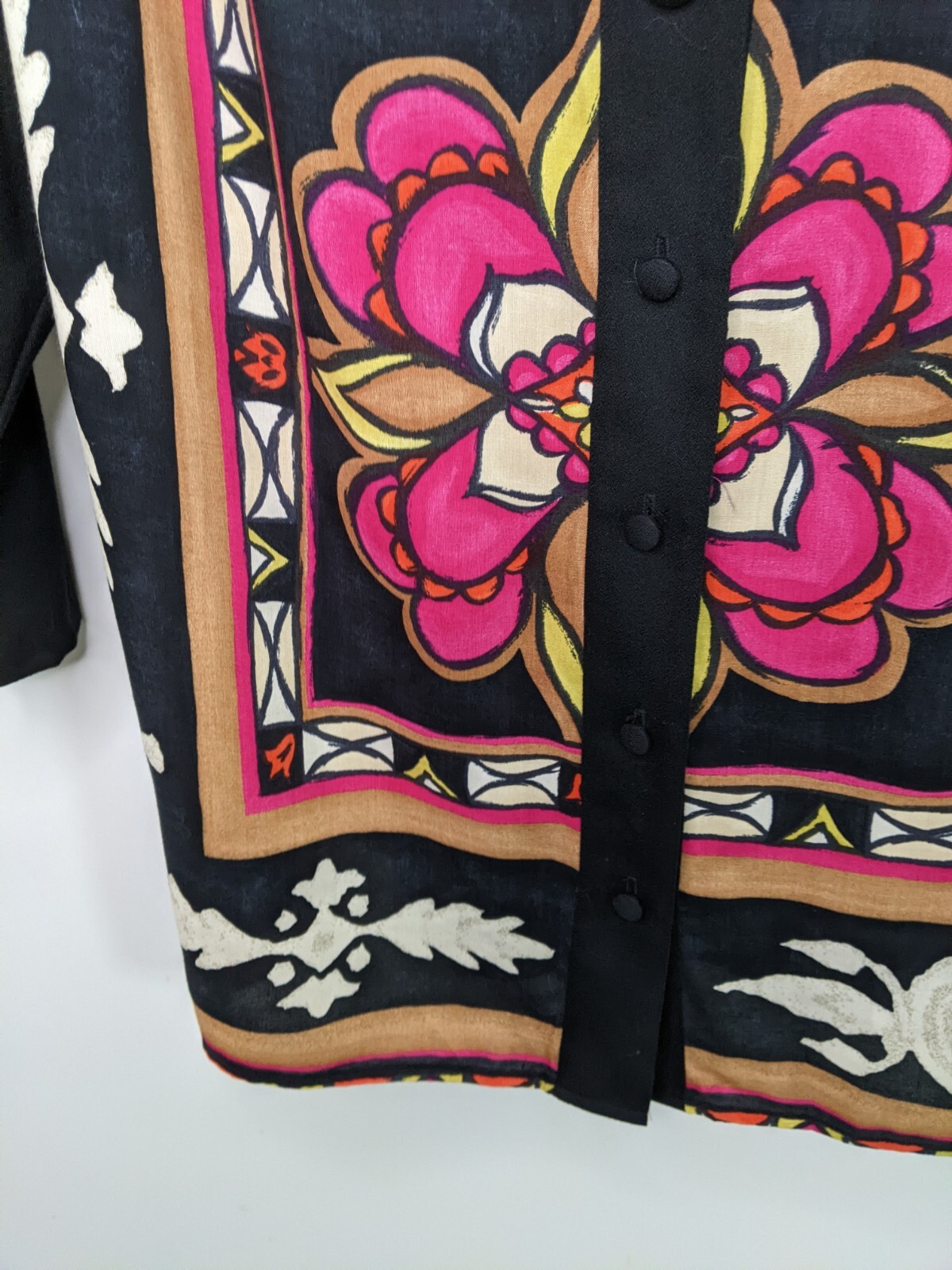 Vintage 90s Floral Blouse Black Pink Stained Glass Look Black Brown Womens L XL