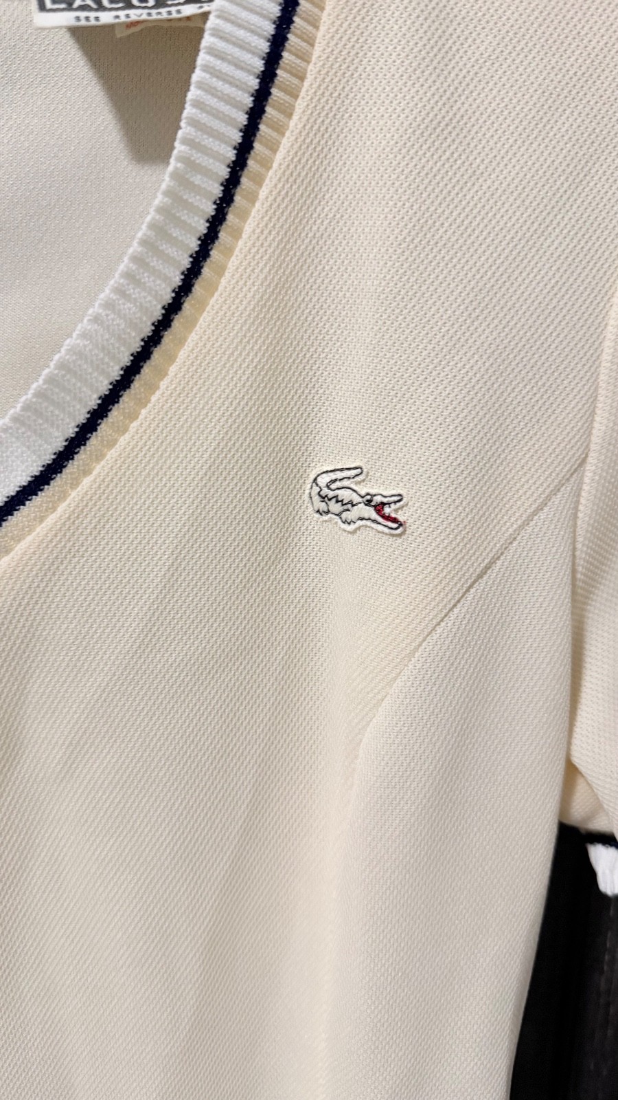 Vintage David Crystal Lacoste Tennis Dress USA Cream Navy Trim Belted Size 12