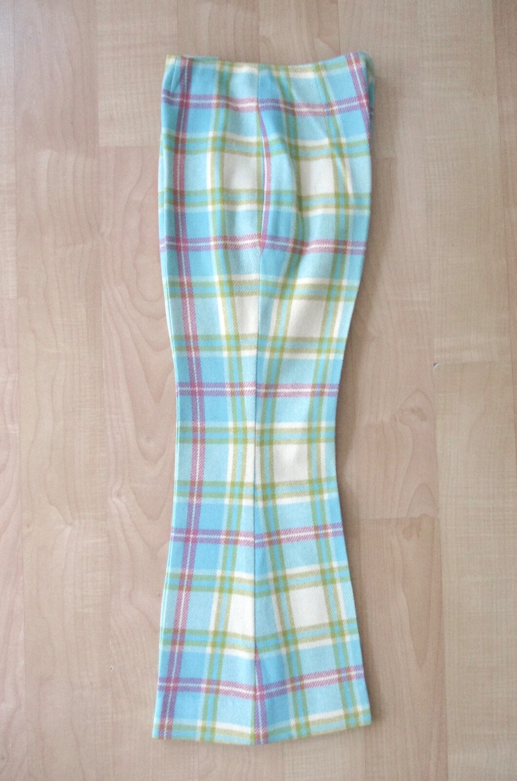 Vtg 60s Mod Blue Pink Green Plaid 2-Pc Bell Bottom Flare Leg Vest Pant Suit 7
