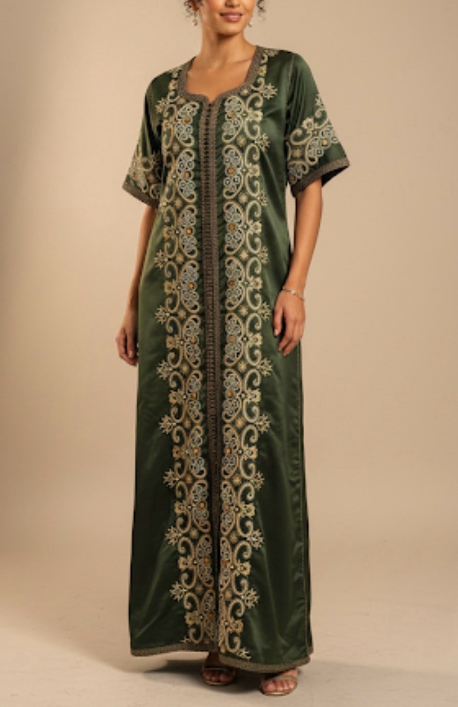 Hand-Embroidered Green Satin Moroccan Caftan Maxi Dress