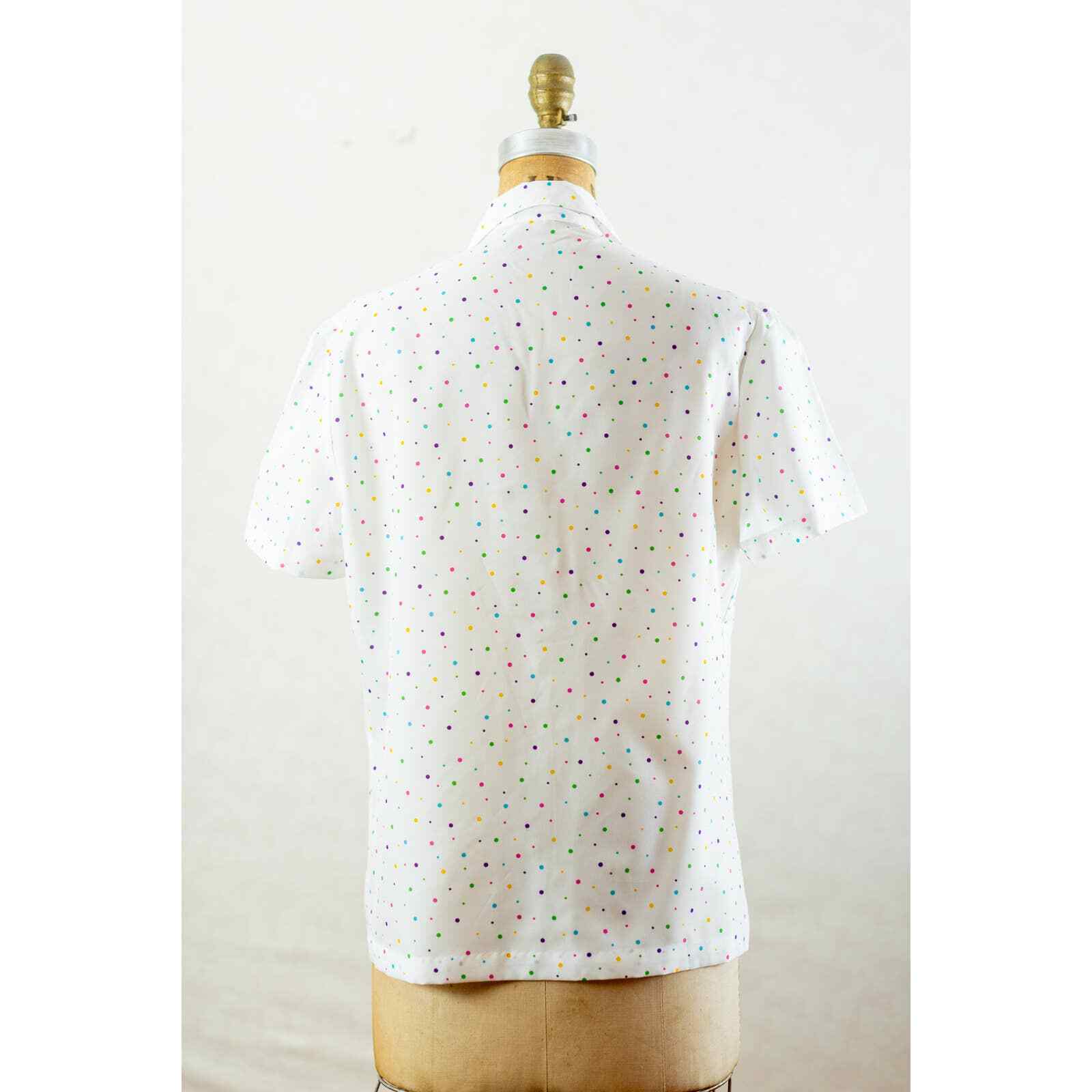 Vintage 80s Colorful Confetti Dot Blouse, Silky Polyester, Button Front, Med Lg