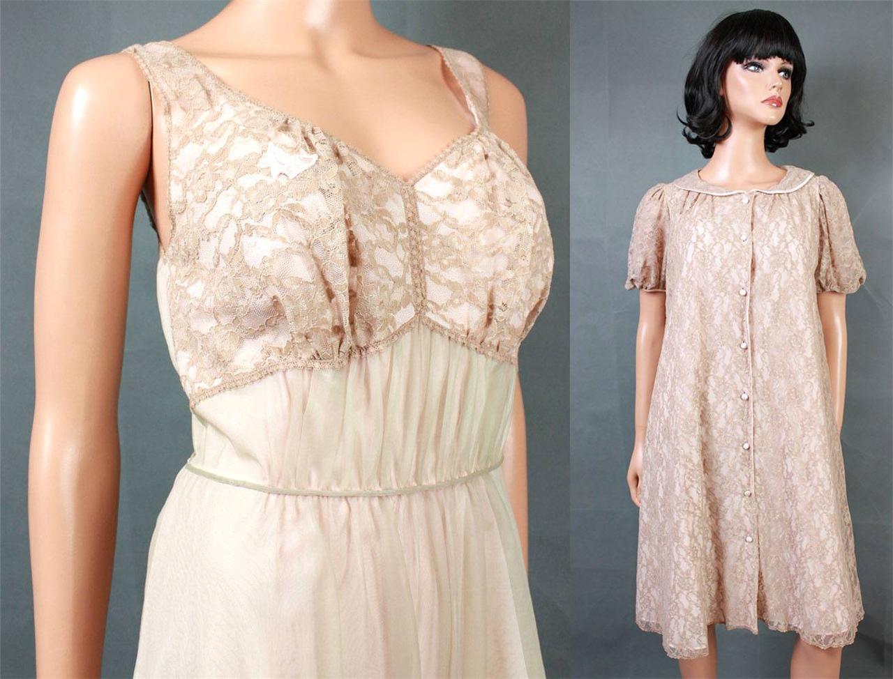 Vintage Peignoir Set Sz XS S Beige Lace Green Chiffon Pink Short Nightgown Robe