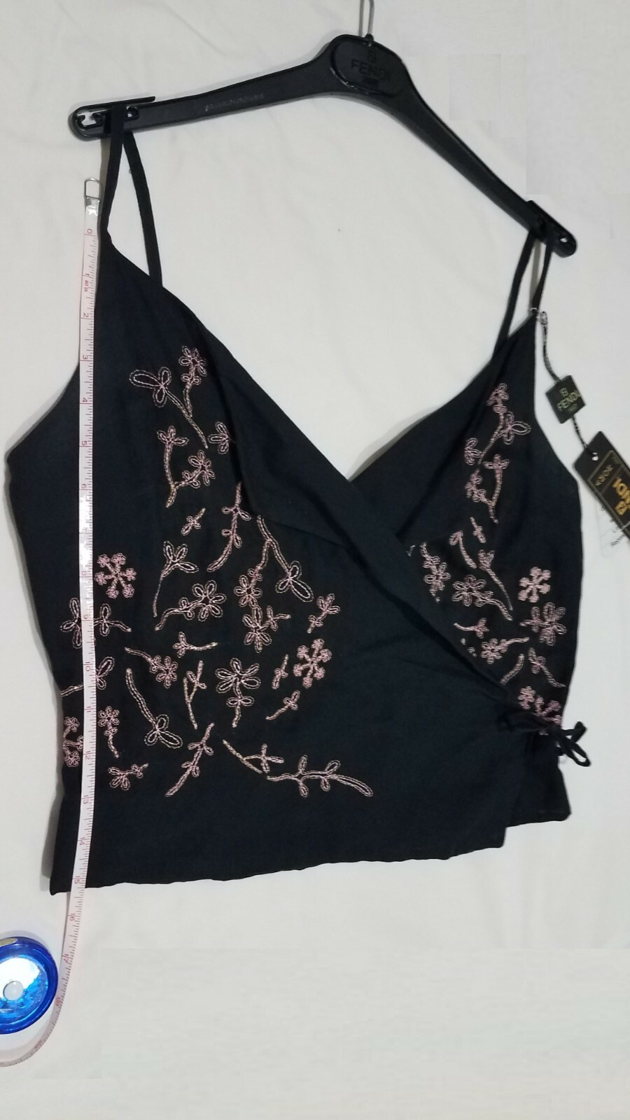 VINTAGE WOMENS FENDI BLACK & PINK EMBROIDERED WRAP TANK TOP SIZE 44 ITALY
