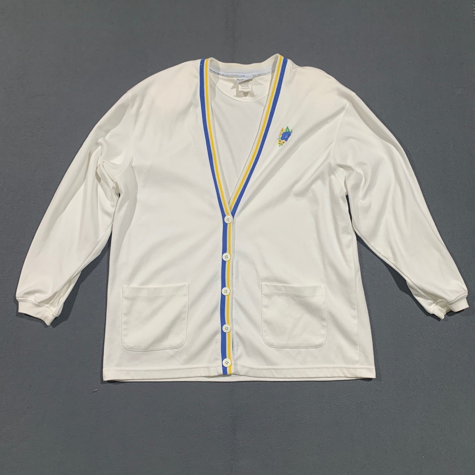 Napa Valley Vintage Sporty White Cardigan Sweater Blue Yellow Trim Womens L