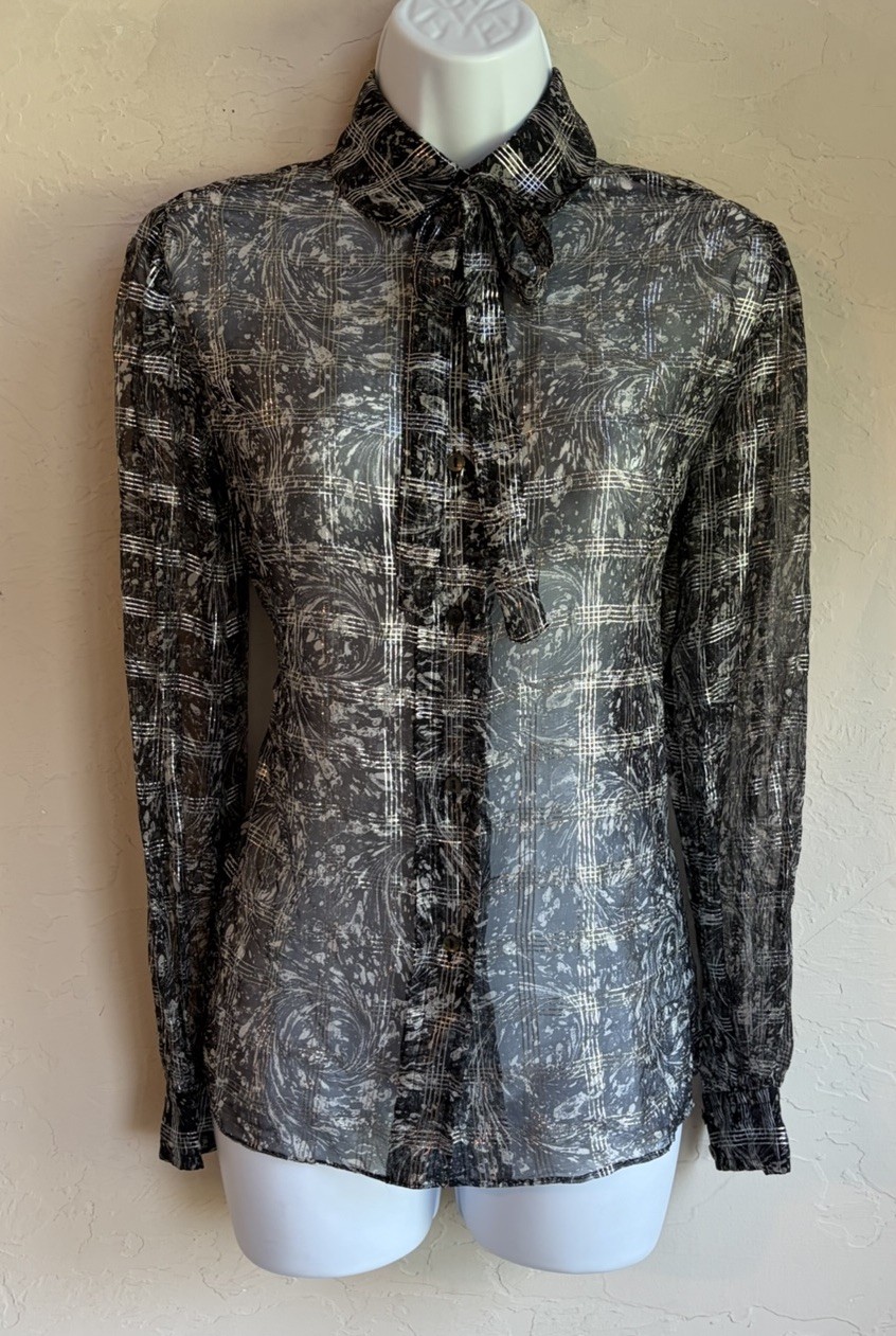 Vintage 70s 80s Michele Valery Paris Sheer Silk Blouse M Tie Amen Wardy France