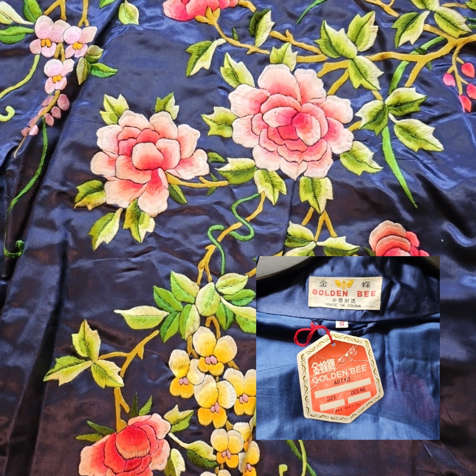 Vtg 60s Silk Navy Blue w Pink/Red ROSES Womens Asian Kimono Robe Golden Bee NWT