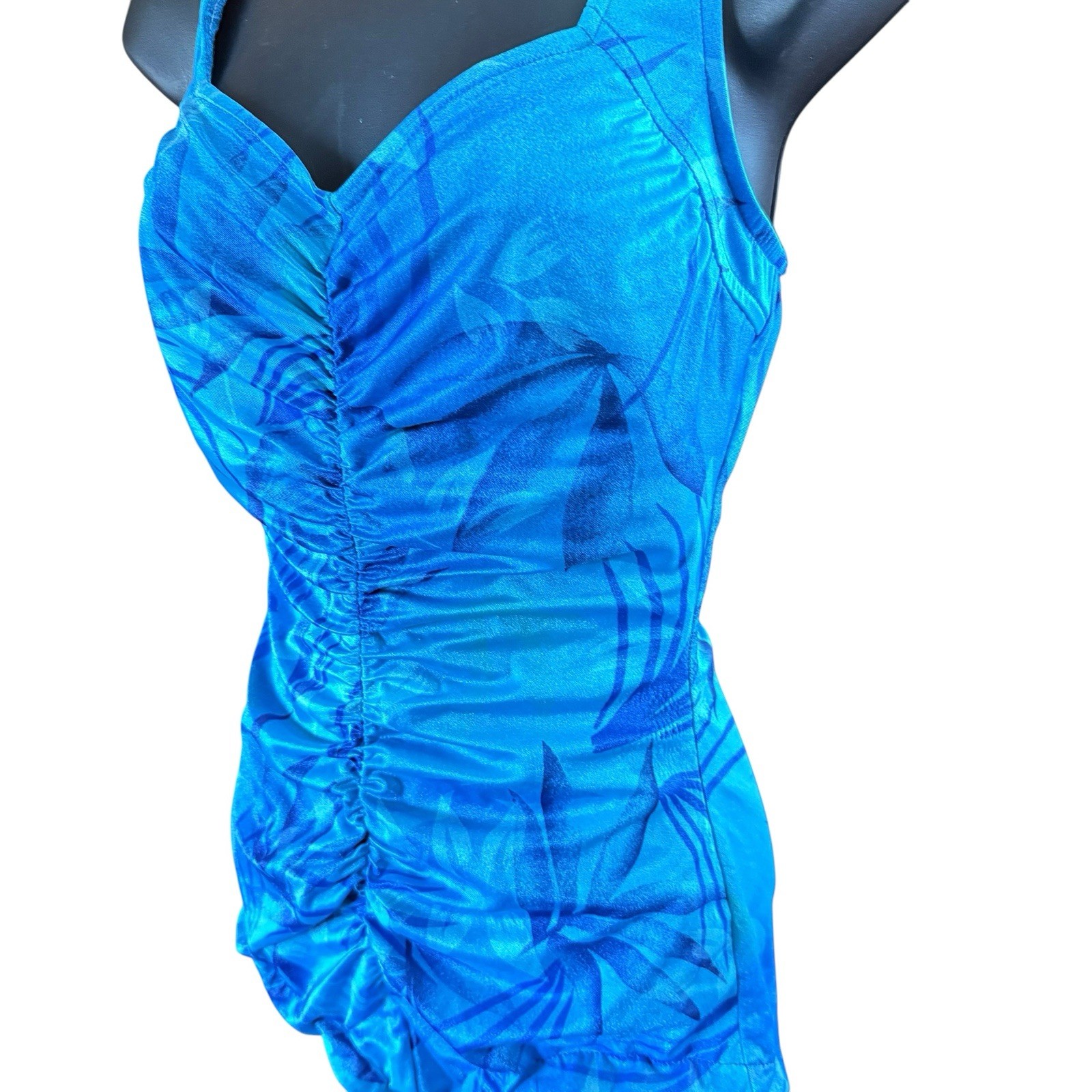 Vintage Maxine of Hollywood One Piece Swimsuit 12 Ruched Blue Palm Leaf 90s