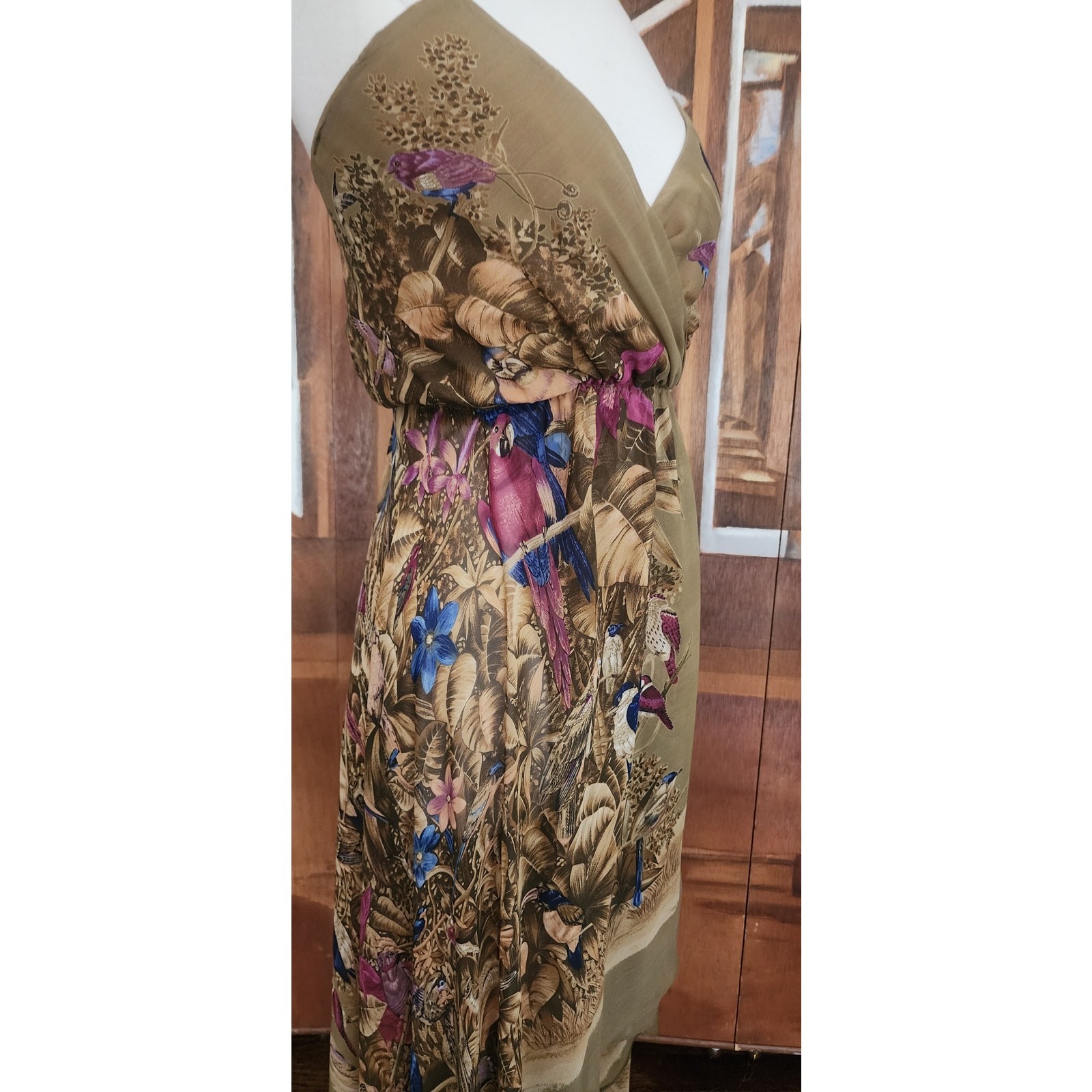 VTG 1970s Gianni Versace RARE Dress Silk Tropical Parrot Print Spaghetti Straps