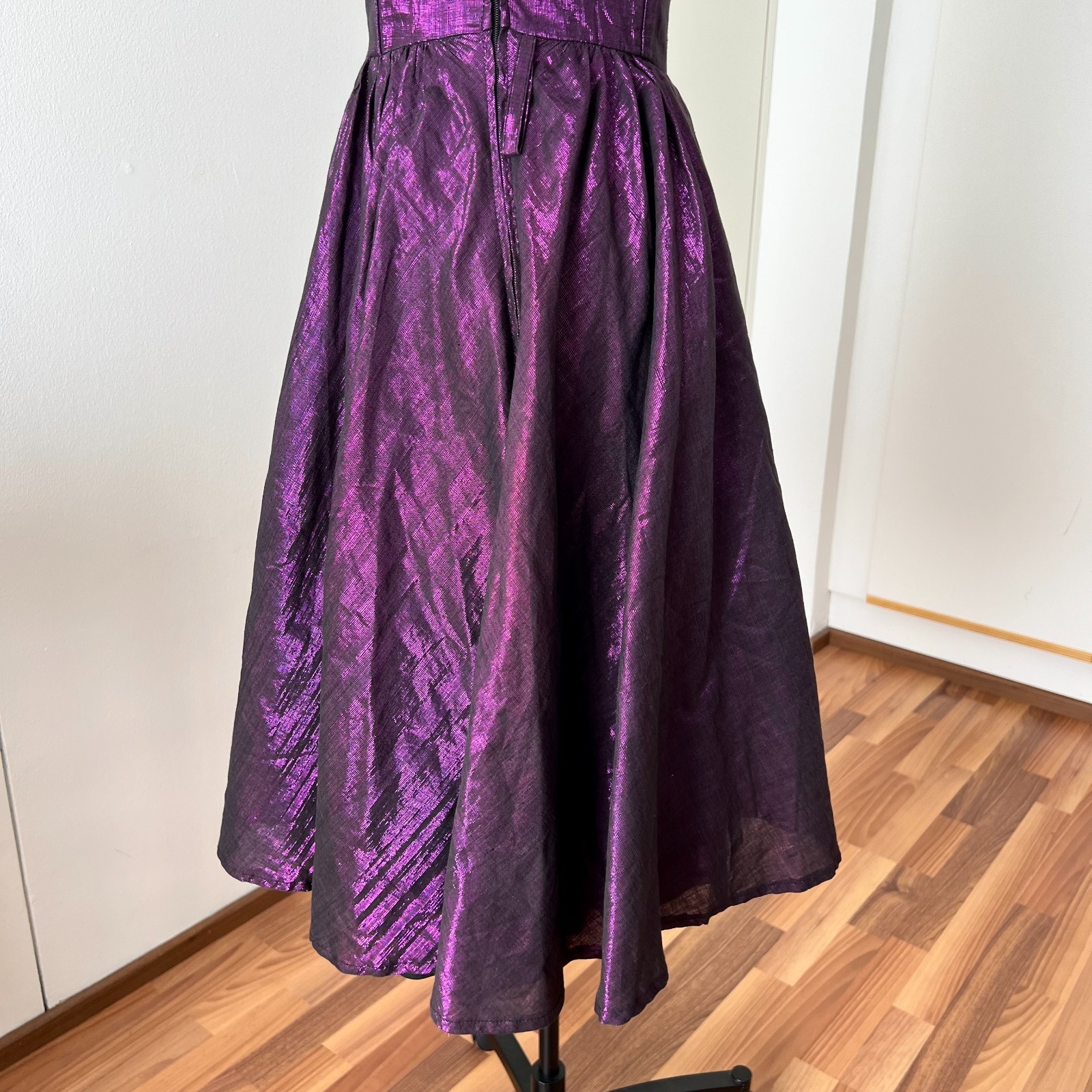 1980s Purple Off Shoulder Cocktail Party Dress Cotton Blend Aline Midi Retro 36