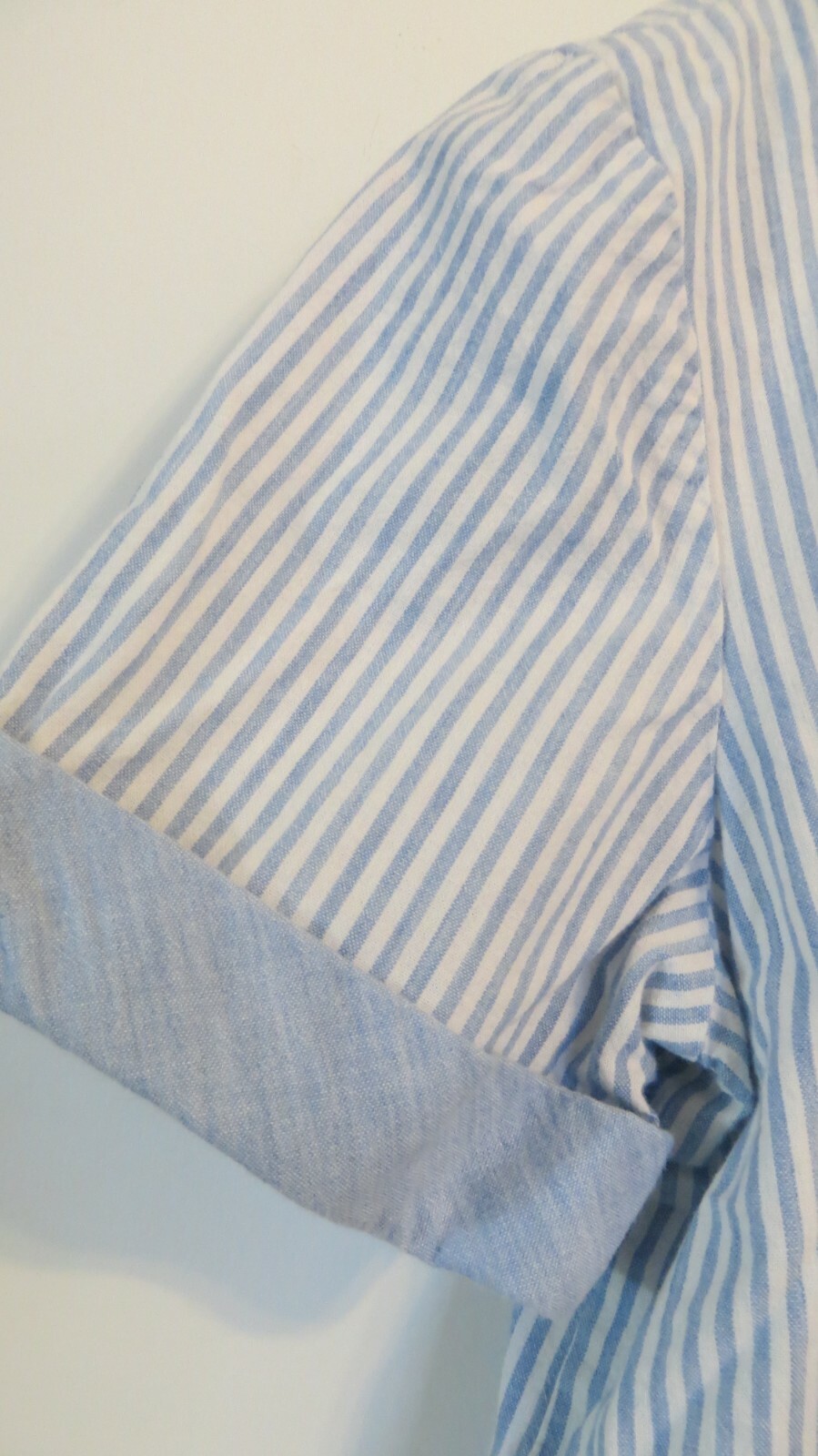 Vintage Leslie Fay Shirt Womens Petite 10P Button Up Short Slv Blue White Stripe