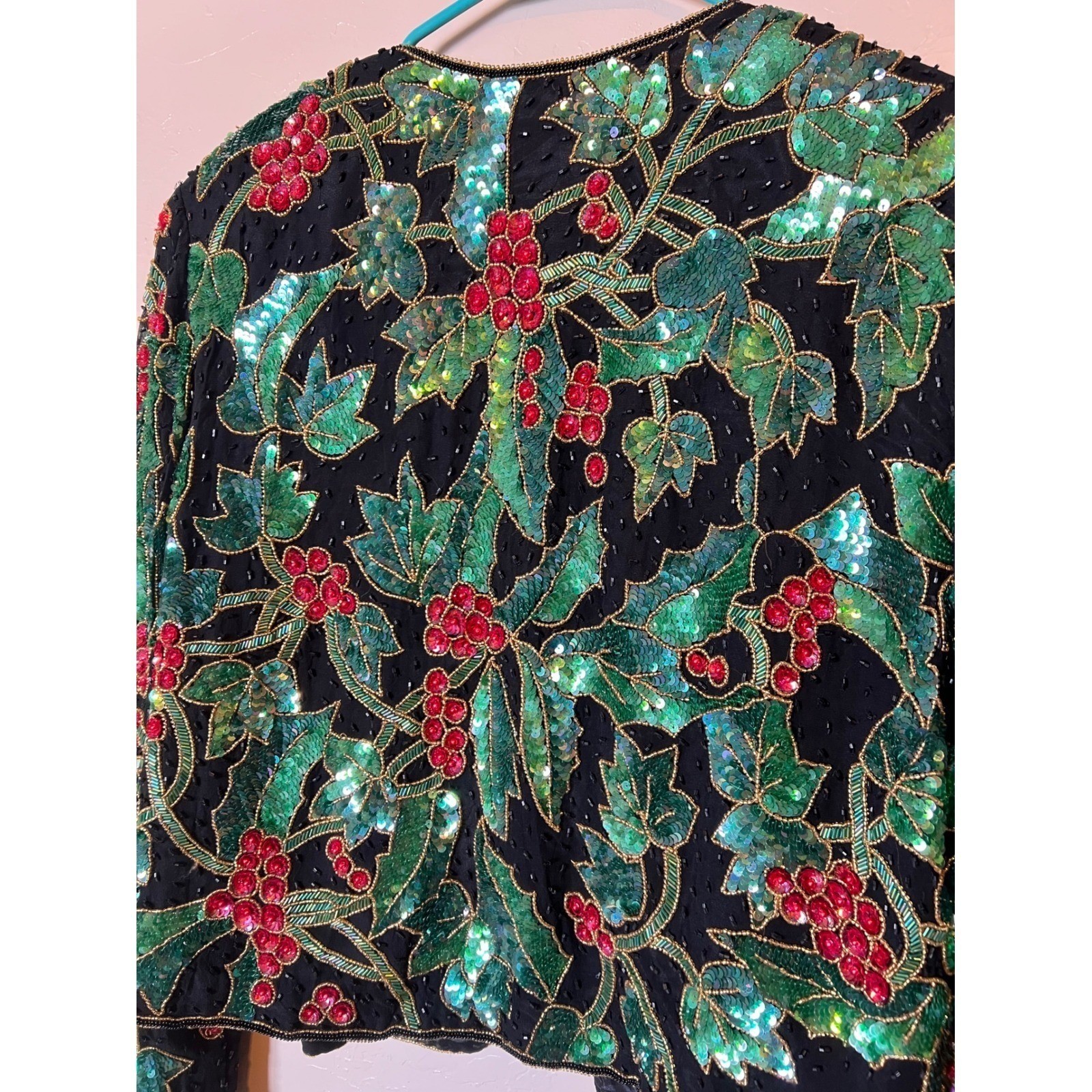 Niteline Della Roufogali Vintage 90s Sequin Holly Berry Silk Jacket NWT Holiday