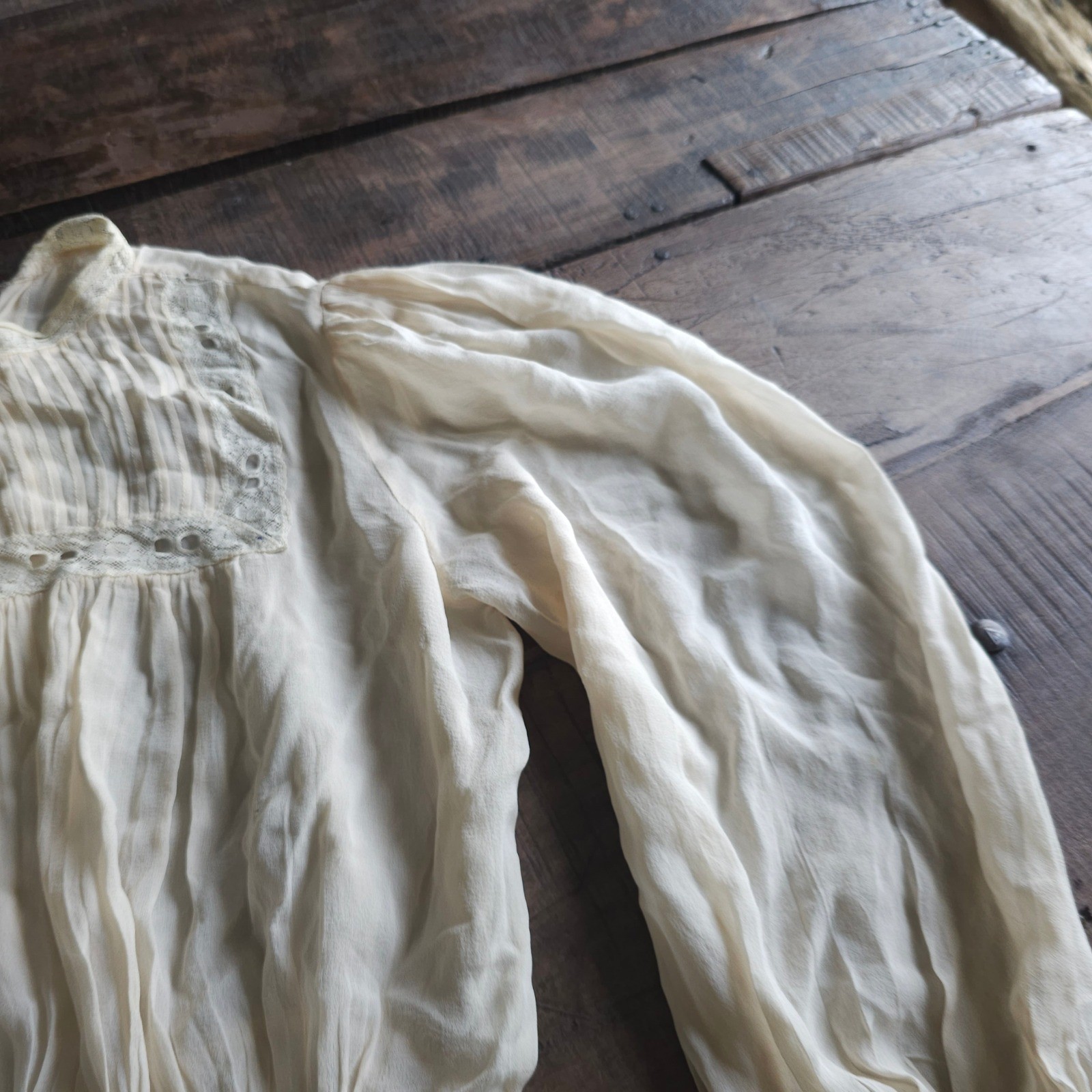 Antique Edwardian Pigeon Breast Blouse Lace Trim Bishop Sleeve Cream Top AS IS