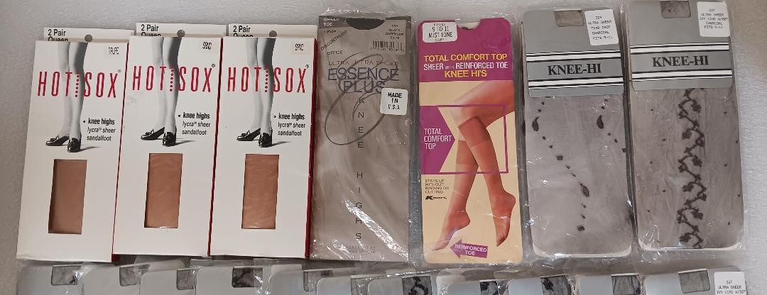 Lot of 45 VTG Knee Highs Blk, Bge Assorted Brands Plus & 9-11 Sz – 80s 90s -NOS!