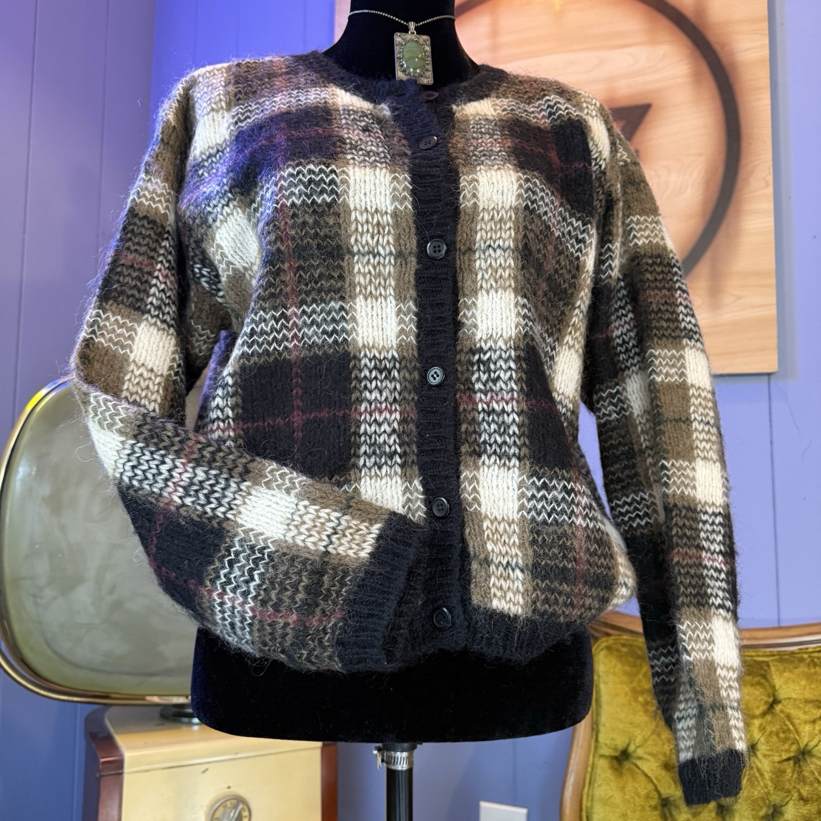 Vintage 90s Paul Harris Design Mohair Tartan Plaid Cardigan Size M