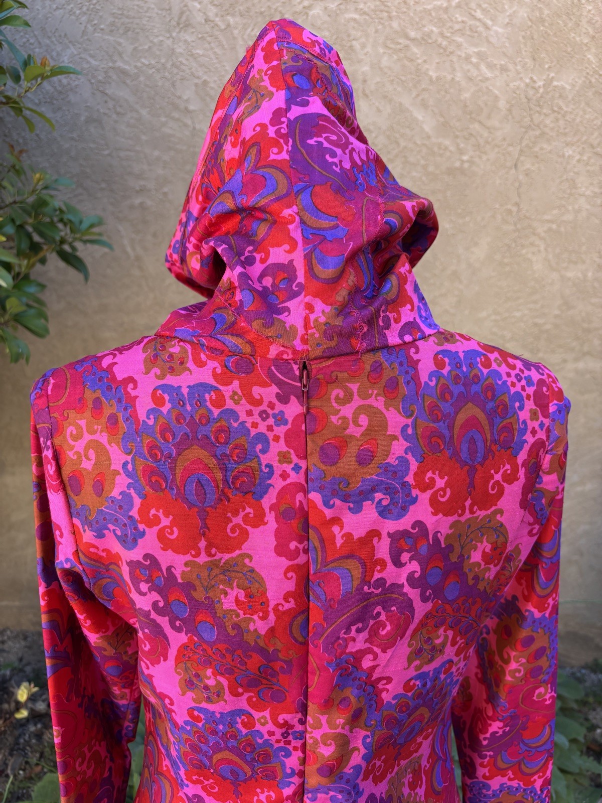 Vintage Thai Silk Bright Pink Psychedelic Cowl Neck Maxi Dress
