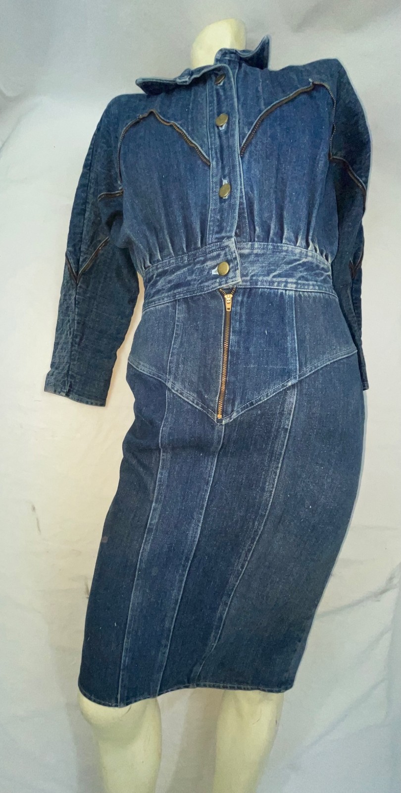 VTG 80S RETRO WOMENS 7/8 S DARK DENIM JEAN ZIPPER TRIM NEW WAVE BUTTON ZIP DRESS