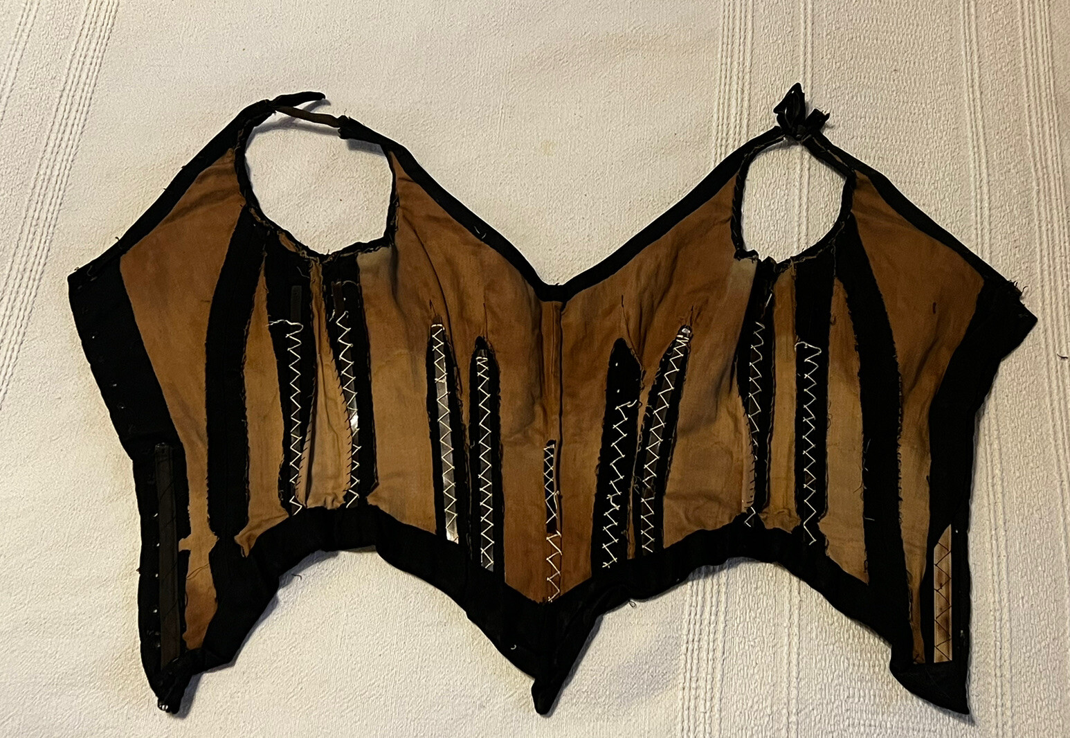 Antique 1930s Black Silk Corset Lace Up Boning Top VTG Bustier Steampunk Gothic