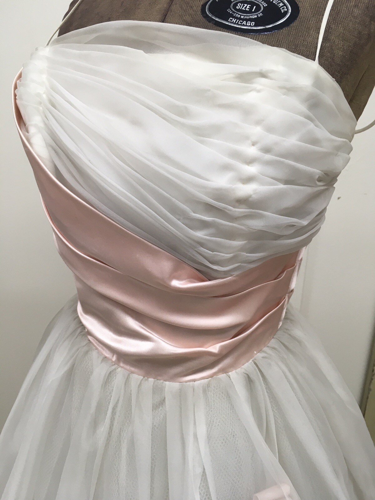 1950s Prom Dress White Tulle Fabric Pink Satin Ribbon Millinery Flowers #14