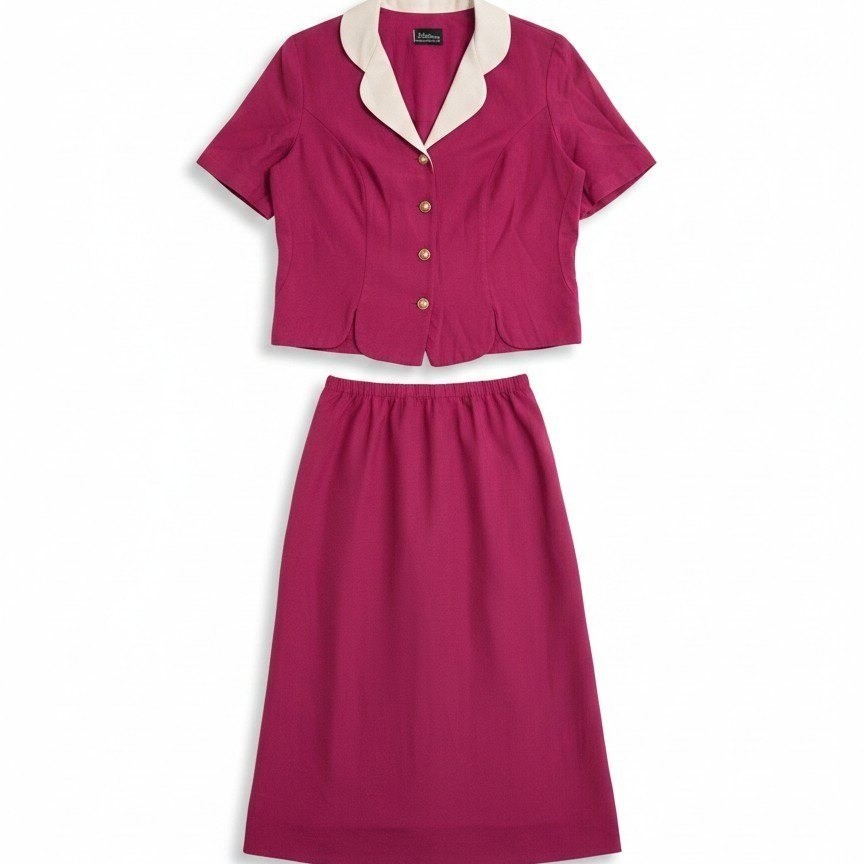 Whirlaway Frocks Magenta Pink 2 Piece Skirt Set, Scalloped Collar, Retro Vintage