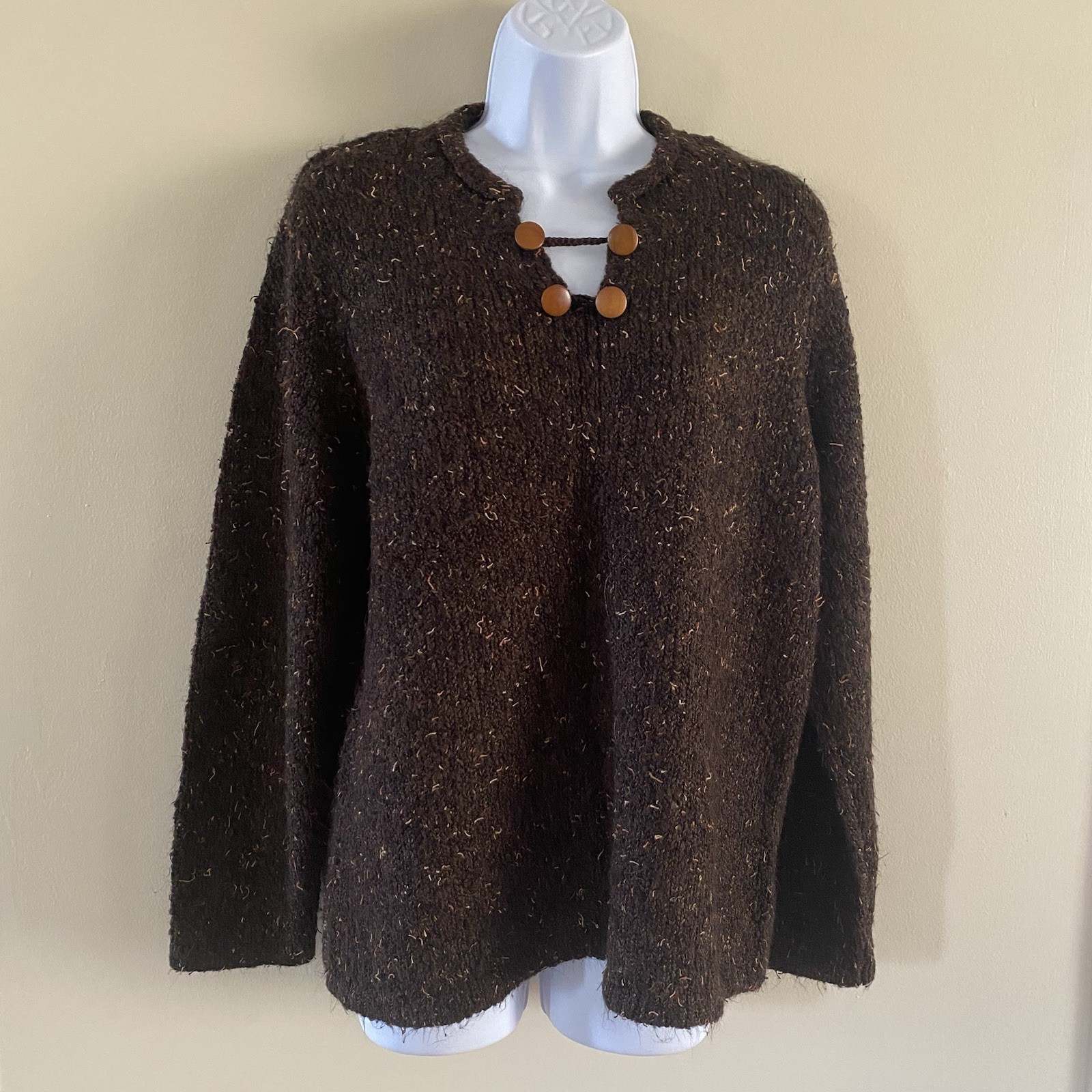 Vintage Christopher & Banks Brown Sweater XL Extra Large Long Sleeve Wood Accent