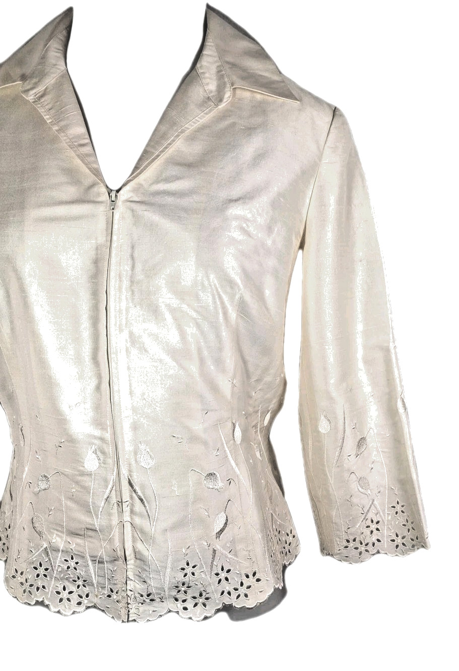 VTG Cachet Ivory Evening Jacket Sz 12 100% Silk Embroidered Zip Front 3/4 Sleeve
