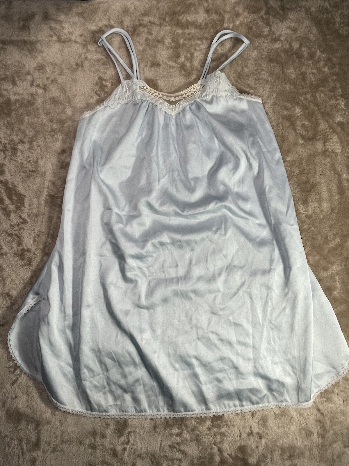 Vintage Yolande Womens Small Blue Lace Slit Nylon Nightgown Babydoll Slip EUC