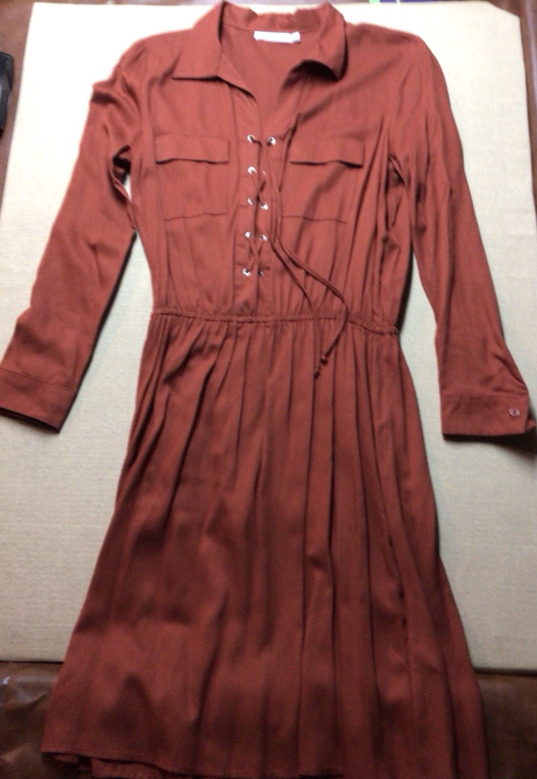 Vintage Women’s Rust Color Shirt dress Lace-up Frt Long Sleeve Size L