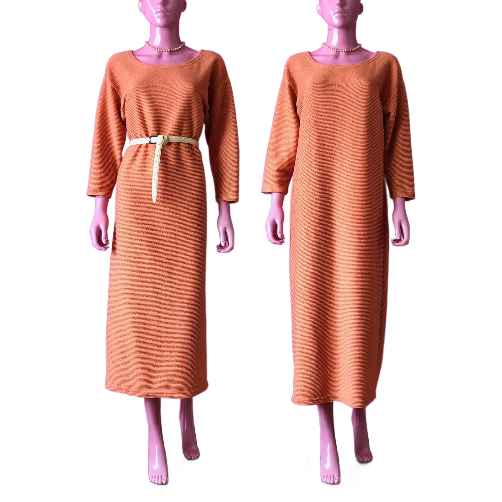 Vintage 90s M Peach Sweaterdress Midi Textured Ribbed Knit 3/4 Sleeve Scoop Neck