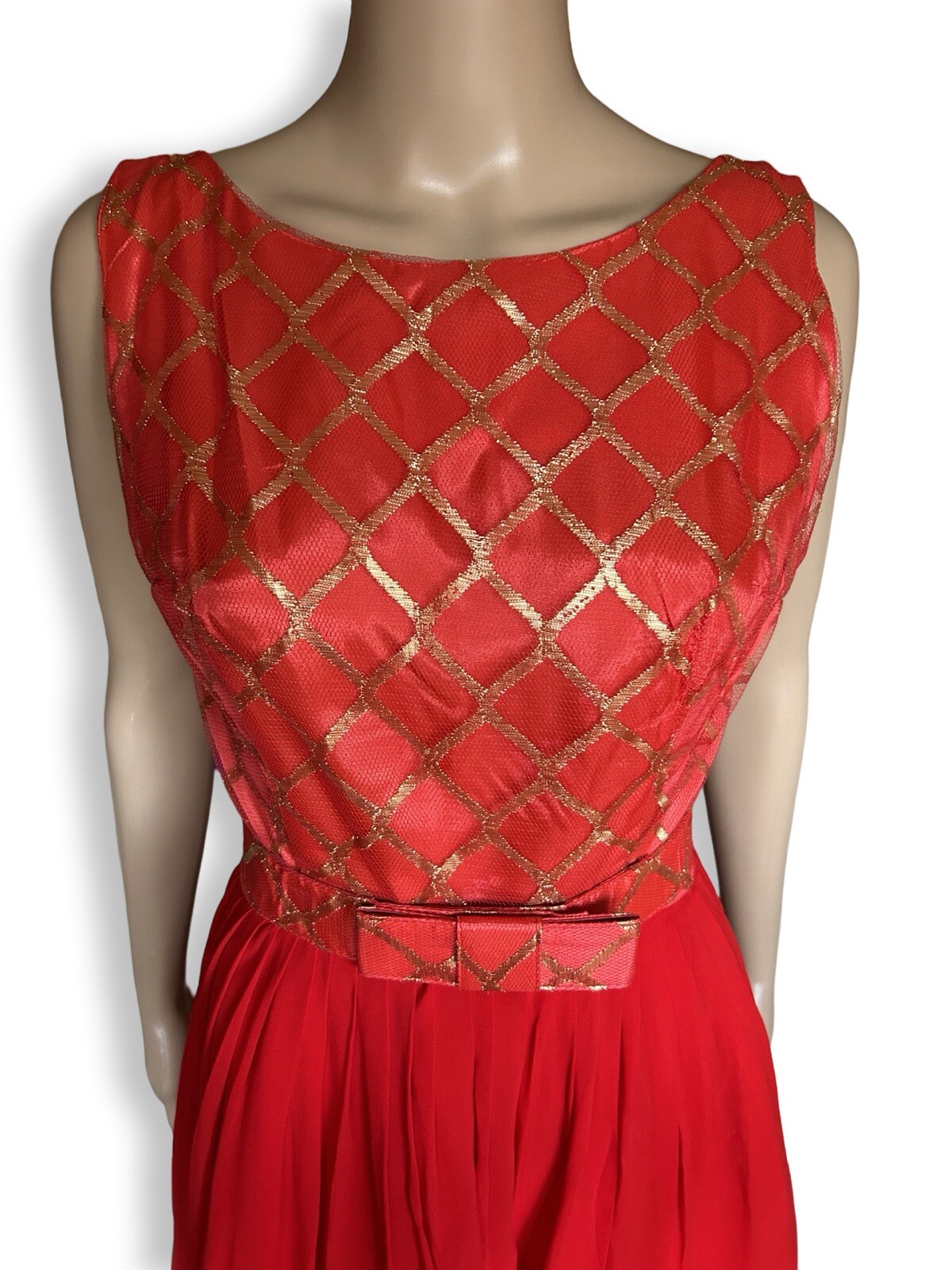 Vintage 1950s Gold Metallic Geometric Red Silk Chiffon Party Dress Holiday Xmas