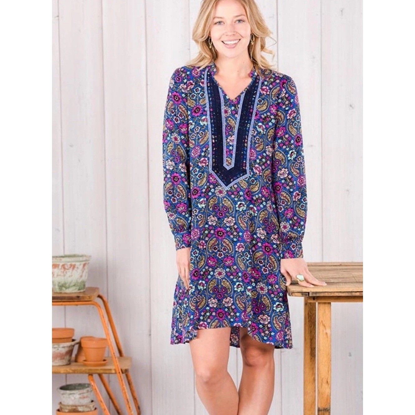 Matilda Jane Thoughts and Dreams Boho Floral Tunic Dress with Pockets Sz Large
