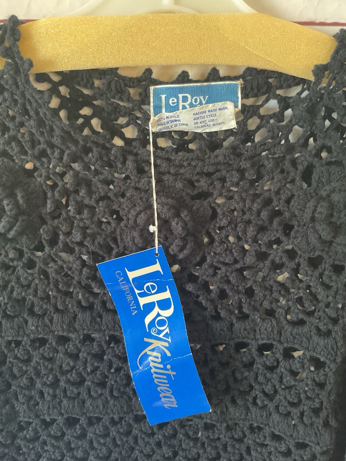 1970s True Vintage Leroy Califorina Black Hippie Crochet Top Bell Sleeve S