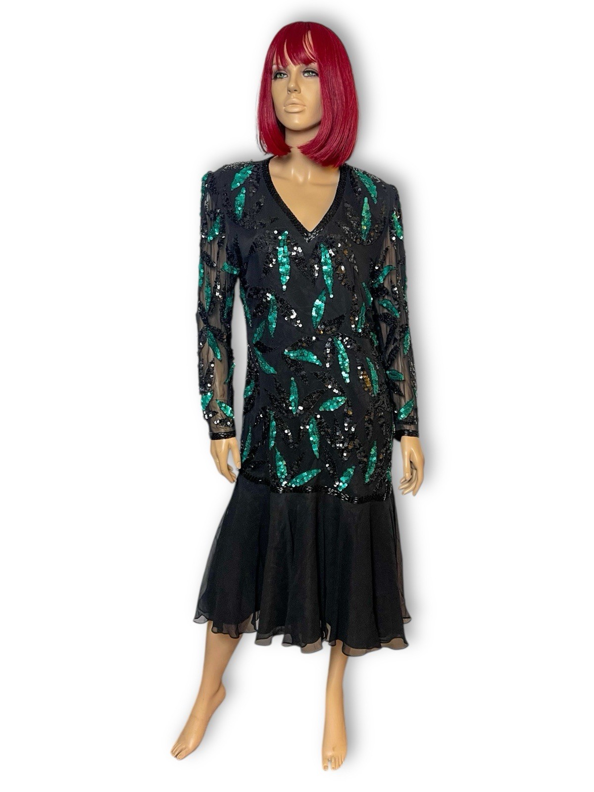 80’s Liz Elana Black and Teal Sequin Cocktail Dress Size M