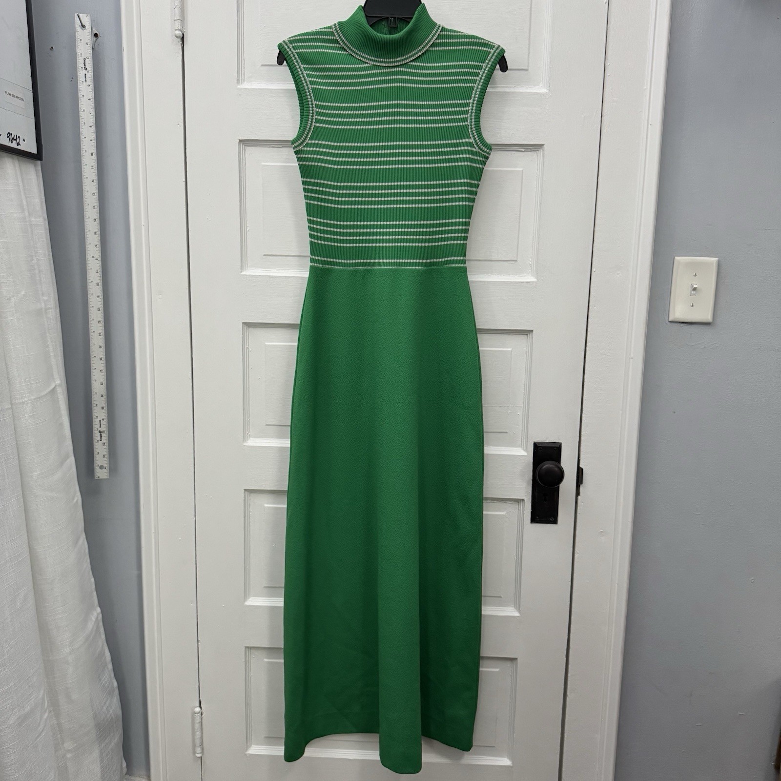 Vintage 60s 70s Green Mock Neck Maxi Dress XS Striped USA Sleeveless Mod