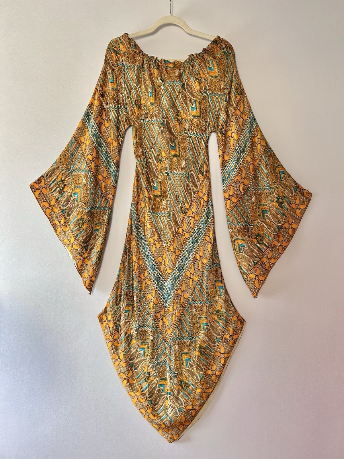 RARE 1960s 70s Psychedelic Chevron Caftan Dress Bias Cut Butterfly Sleeve Boho